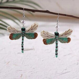Dragonfly Dangle Earrings Fashion Forward Charming Thread & Pearl Earrings 2.5"